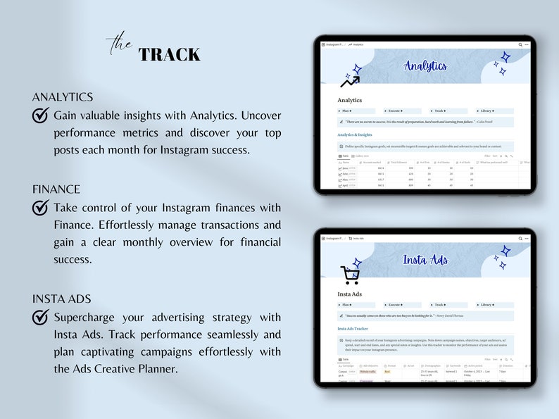 May include: A screenshot of a computer screen showing a website with a blue and white background. The website is called "The Track" and it offers tools for managing Instagram analytics, finances, and ads. The website has a clean and modern design with a blue and white color scheme.