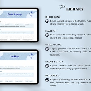 May include: A blue and white digital illustration of a tablet screen displaying a website called "Hooks Library". The website features a section called "Hashtag" with a blue hashtag symbol. The text "The LIBRARY" is written in white on a blue background.