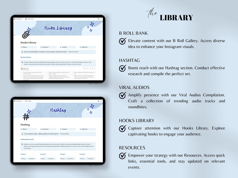 May include: A blue and white digital illustration of a tablet screen displaying a website called "Hooks Library". The website features a section called "Hashtag" with a blue hashtag symbol. The text "The LIBRARY" is written in white on a blue background.