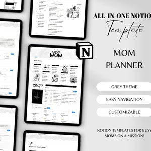 May include: A digital screen displaying a Notion template for a Mom Planner. The template is designed with a grey theme and features easy navigation and customization. The template is titled "Super Mom" and includes sections for meal planning, grocery lists, and other tasks. The text "ALL-IN-ONE NOTION Template MOM PLANNER" is displayed at the top of the image.