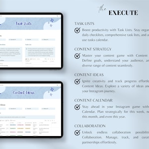 May include: A blue and white digital screen with the text "Task Lists", "Content Strategy", "Content Ideas", "Content Calendar", and "Collaboration". Each section has a checkmark and a description of the features. The background is a light blue with white stars.