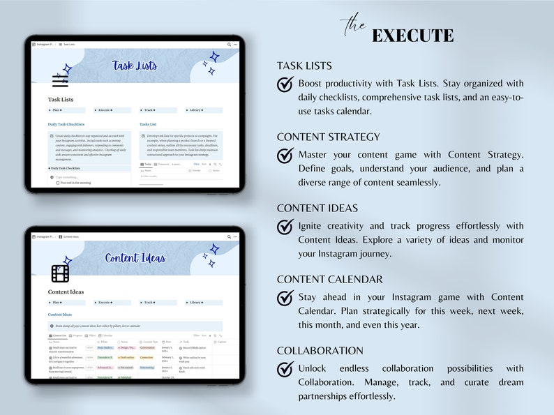 May include: A blue and white digital screen with the text "Task Lists", "Content Strategy", "Content Ideas", "Content Calendar", and "Collaboration". Each section has a checkmark and a description of the features. The background is a light blue with white stars.
