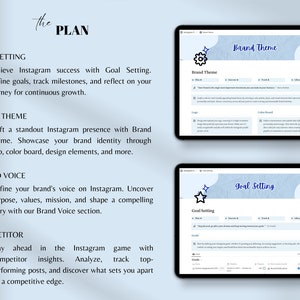 May include: A blue and white digital screen with the text "The PLAN" in black. The screen is divided into four sections: Goal Setting, Brand Theme, Brand Voice, and Competitor. Each section has a checkmark and a description of how to achieve success on Instagram.