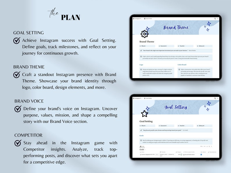 May include: A blue and white digital screen with the text "The PLAN" in black. The screen is divided into four sections: Goal Setting, Brand Theme, Brand Voice, and Competitor. Each section has a checkmark and a description of how to achieve success on Instagram.