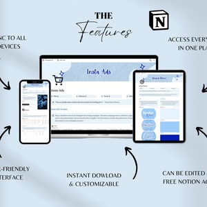 May include: A blue and white digital template for Instagram ads and brand boards. The template is customizable and can be edited using a free Notion account. The template can be synced to all devices.