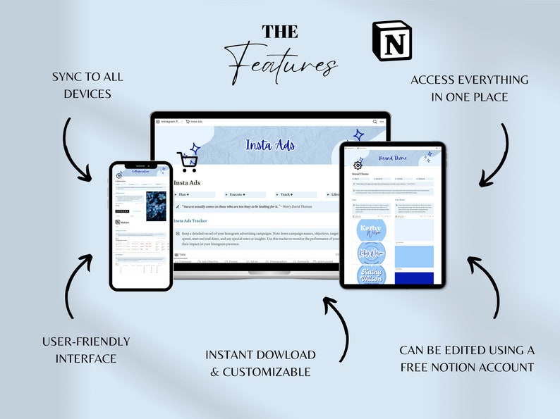 May include: A blue and white digital template for Instagram ads and brand boards. The template is customizable and can be edited using a free Notion account. The template can be synced to all devices.