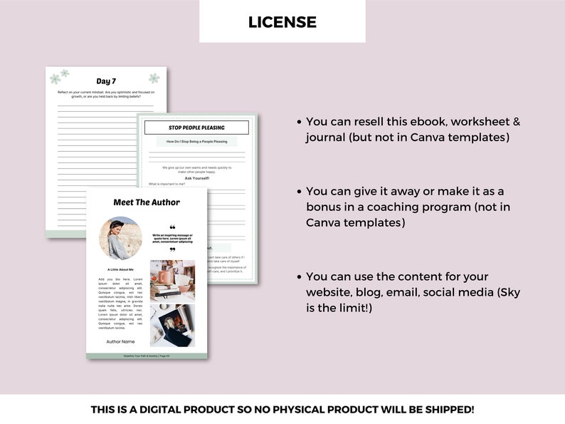 Puede incluir: Un acuerdo de licencia de producto digital con un fondo rosa claro. El texto indica que el producto se puede revender, regalar o utilizar para contenido en sitios web, blogs, correos electr&oacute;nicos y redes sociales. El texto tambi&eacute;n indica que el producto es un producto digital y que no se enviar&aacute; ning&uacute;n producto f&iacute;sico.