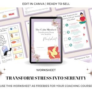 Könnte beinhalten: Ein druckbares Arbeitsblatt mit dem Titel "The Calm Mindset: Transforming Stress into Serenity" mit rosa Hintergrund und floralem Design. Das Arbeitsblatt enthält eine Checkliste für Selbsthypnose bei Angst in vier Schritten, einen Abschnitt zur Verfolgung des Fortschritts der Selbsthypnose und einen Abschnitt für Tipps zur Stressbewältigung.