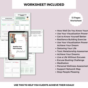 Puede incluir: Una hoja de trabajo digital con un dise&ntilde;o floral y una cara de mujer en la portada. La hoja de trabajo se titula "Redefine Your Path & Destiny". El texto en el lado derecho de la imagen enumera 13 p&aacute;ginas de hojas de trabajo con t&iacute;tulos como "How Well Do You Know Yourself?" y "Use Your Visualization Power to Achieve Your Dream".