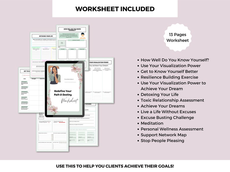Puede incluir: Una hoja de trabajo digital con un dise&ntilde;o floral y una cara de mujer en la portada. La hoja de trabajo se titula "Redefine Your Path & Destiny". El texto en el lado derecho de la imagen enumera 13 p&aacute;ginas de hojas de trabajo con t&iacute;tulos como "How Well Do You Know Yourself?" y "Use Your Visualization Power to Achieve Your Dream".