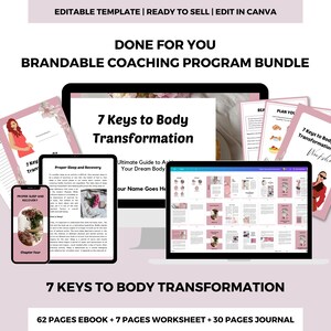 Puede incluir: Un paquete de productos digitales para un programa de coaching de 7 claves para la transformación del cuerpo. El paquete incluye un libro electrónico de 62 páginas, una hoja de trabajo de 7 páginas y un diario de 30 páginas. La imagen muestra una pantalla de computadora que muestra la portada del libro electrónico, una pantalla de teléfono que muestra una página del diario y varias páginas impresas.