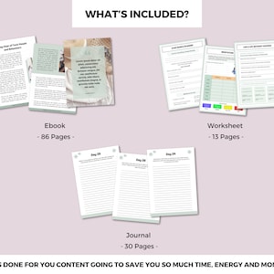 Puede incluir: Un paquete de productos digitales con un libro electr&oacute;nico, una hoja de trabajo y un diario. El libro electr&oacute;nico tiene 86 p&aacute;ginas, la hoja de trabajo tiene 13 p&aacute;ginas y el diario tiene 30 p&aacute;ginas. El texto "What's Included?" est&aacute; en la parte superior de la imagen.
