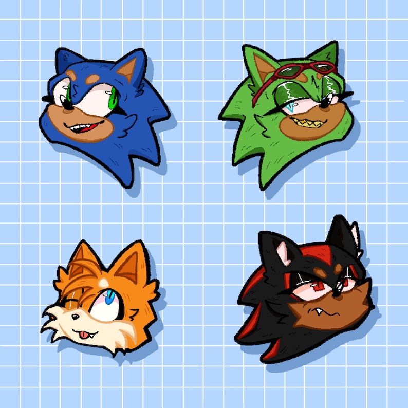 K&ouml;nnte beinhalten: Vier K&ouml;pfe von Comicfiguren mit unterschiedlichen Gesichtsausdr&uuml;cken. Die Figuren sind Sonic the Hedgehog, Tails, Shadow the Hedgehog und Amy Rose. Die Figuren sind in einem farbenfrohen Comic-Stil gezeichnet.