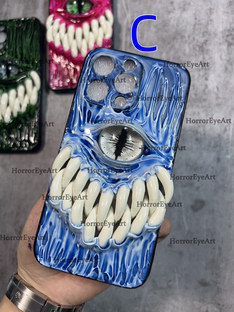 Glowing Teeth & Gothic Eye Phone Case, 15 Pro Max 14 13 Mini 12 11 SE 8 Plus X XR XS iPhone Case, Samsung Galaxy Z Flip 5, Google Pixel Case C