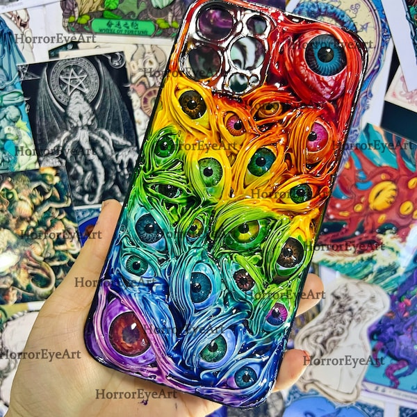 HorrorEyeArt Rainbow Eyeballs Phone Case,15 Pro Max 14 13 Mini 12 11 SE 8 Plus X XR XS iPhone Case,Samsung Galaxy Z Flip 5,Google Pixel Case