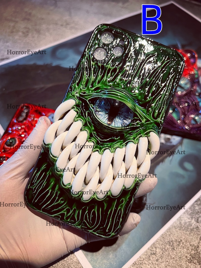 Glowing Teeth & Gothic Eye Phone Case, 15 Pro Max 14 13 Mini 12 11 SE 8 Plus X XR XS iPhone Case, Samsung Galaxy Z Flip 5, Google Pixel Case B