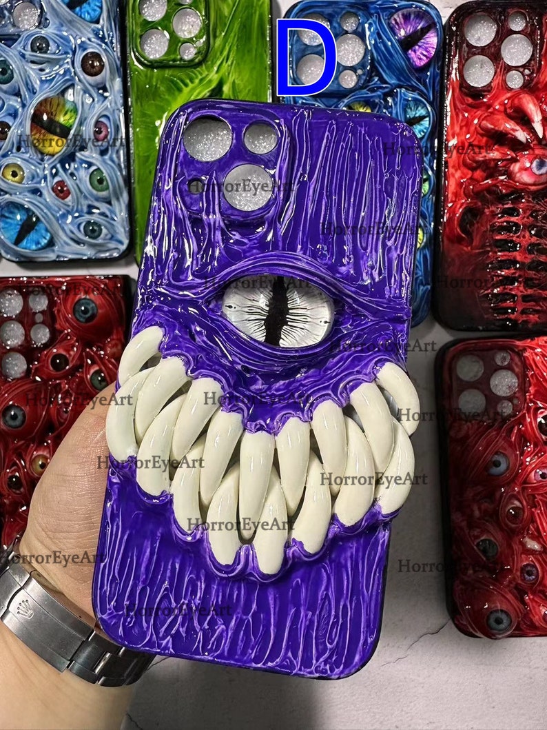 Glowing Teeth & Gothic Eye Phone Case, 15 Pro Max 14 13 Mini 12 11 SE 8 Plus X XR XS iPhone Case, Samsung Galaxy Z Flip 5, Google Pixel Case D