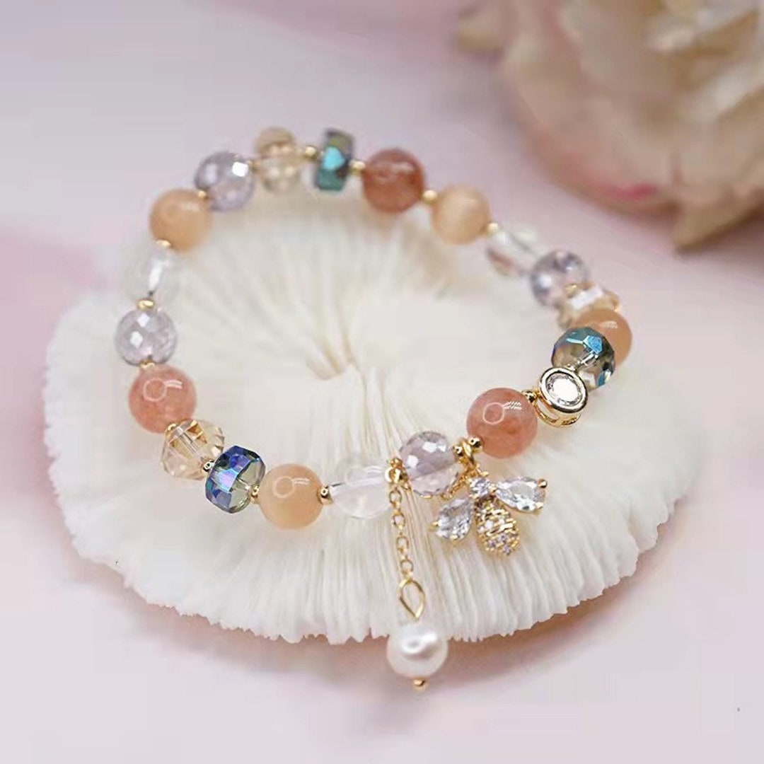 Dainty Natural Crystal With Cute Bee Zircon Charm Bracelet - Etsy