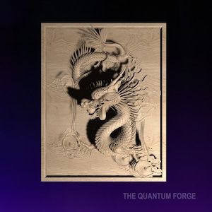 May include: A detailed wood carving of a dragon with intricate scales and a fierce expression. The dragon is curled around itself, with its head raised and its wings spread. The carving is set against a background of clouds and waves, suggesting the dragon's power and majesty.