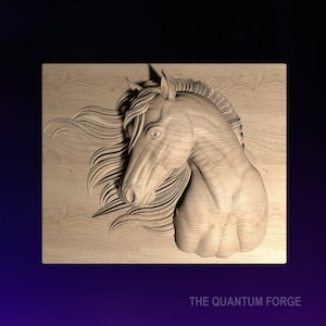 Puede incluir: Una talla de madera de la cabeza de un caballo con una melena fluida, sobre un fondo de madera clara. La talla es detallada y realista, capturando los rasgos del caballo con precisión. El texto "THE QUANTUM FORGE" es visible en la parte inferior de la imagen.