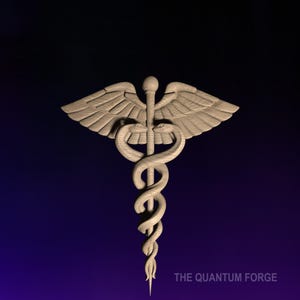 Könnte beinhalten: Eine Holzschnitzerei des Caduceus, ein Symbol, das mit Medizin und Heilung in Verbindung gebracht wird, mit einer Schlange, die um einen Stab mit Flügeln gewickelt ist.