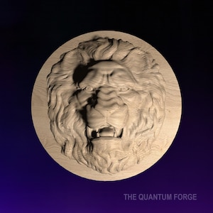 May include: A wooden carving of a lion's head with a detailed mane and a fierce expression. The carving is circular and has a smooth, light brown finish.