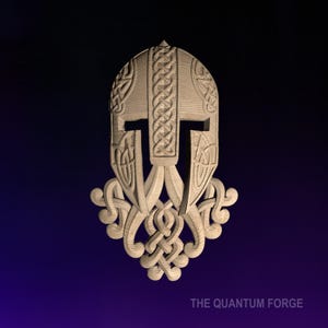 May include: A wooden carving of a Viking helmet with intricate knotwork designs. The helmet is detailed with a crest and a face mask. The carving is a light brown color and has a smooth finish.