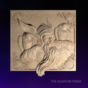 May include: A wooden relief carving featuring a bearded figure with a horned helmet, flanked by two ravens. Intricate Celtic knotwork and geometric designs frame the central image. The text "THE QUANTUM FORGE" is at the bottom.