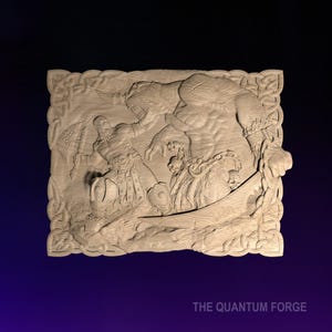 Könnte beinhalten: Eine detaillierte Holzschnitzerei, die eine mythische Kampfszene darstellt. Ein bärtiger Krieger mit einem Schwert kämpft gegen ein monströses Biest mit Ketten und Schädeln. Die Schnitzerei ist mit einem keltischen Knotendesign gerahmt.