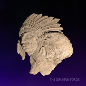 May include: A wooden carving of a Native American chief wearing a headdress, an eagle, and a wolf. The carving is in a light brown color and is set against a dark blue background.