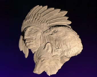 Native Eagle Wolf  STL | 3D CNC STL File | Digital Download | vCarve Aspire Artcam Cut3d Fusion 360 | Wall Art | Wood Carving | DM028
