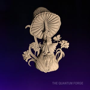 Puede incluir: Una talla de madera de un hongo caprichoso con cara y barba, rodeado de flores y mariposas. La talla es de color marrón claro y tiene una textura detallada.