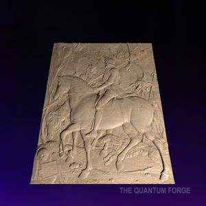 Puede incluir: Una escultura en relieve tridimensional detallada de un caballero a caballo cabalgando por un bosque. La escultura está hecha de un material marrón claro y presenta detalles intrincados, incluyendo la armadura del caballero, la musculatura del caballo y el follaje circundante.