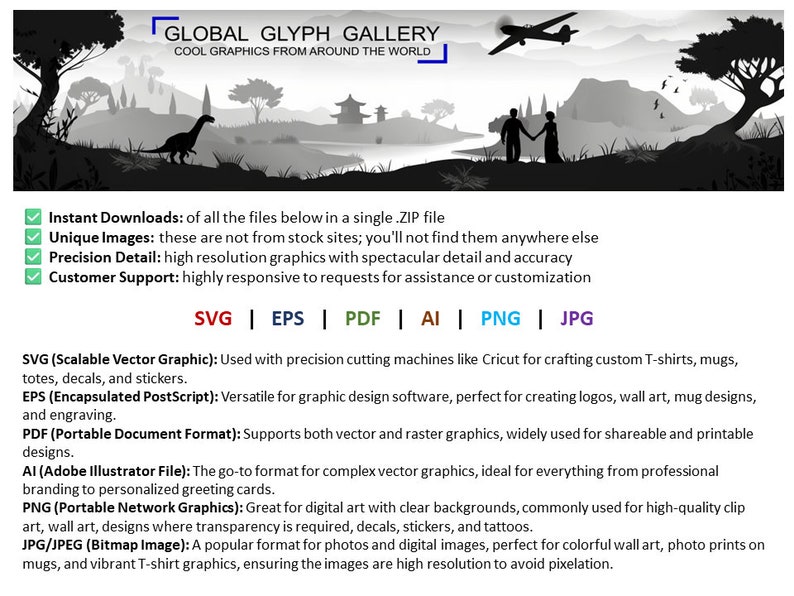 Op de afbeelding: Een zwart-witte illustratie van een dinosaurus in een landschap met een meer en bergen. De tekst "GLOBAL GLYPH GALLERY" staat bovenaan de afbeelding. De tekst "COOL GRAPHICS FROM AROUND THE WORLD" staat onder de eerste regel tekst. De tekst "Instant Downloads: of all the files below in a single .ZIP file" staat onder de tweede regel tekst. De tekst "Unique Images: these are not from stock sites; you'll not find them anywhere else" staat onder de derde regel tekst. De tekst "Precision Detail: high resolution graphics with spectacular detail and accuracy" staat onder de vierde regel tekst. De tekst "Customer Support: highly responsive to requests for assistance or customization" staat onder de vijfde regel tekst. De tekst "SVG | EPS | PDF | AI | PNG | JPG" staat onder de zesde regel tekst. De tekst "SVG (Scalable Vector Graphic): Used with precision cutting machines like Cricut for crafting custom T-shirts, mugs, totes, decals, and stickers." staat onder de zevende regel tekst. De tekst "EPS (Encapsulated PostScript): Versatile for graphic design software, perfect for creating logos, wall art, mug designs, and engraving." staat onder de achtste regel tekst. De tekst "PDF (Portable Document Format): Supports both vector and raster graphics, widely used for shareable and printable designs." staat onder de negende regel tekst. De tekst "AI (Adobe Illustrator File): The go-to format for complex vector graphics, ideal for everything from professional branding to personalised greeting cards." staat onder de tiende regel tekst. De tekst "PNG (Portable Network Graphics): Great for digital art with clear backgrounds, commonly used for high-quality clip art, wall art, designs where transparency is required, decals, stickers, and tattoos." staat onder de elfde regel tekst. De tekst "JPG/JPEG (Bitmap Image): A popular format for photos and digital images, perfect for colourful wall art, photo prints on mugs, and vibrant T-shirt graphics, ensuring the images are high resolution to avoid pixelation." staat onder de twaalfde regel tekst.