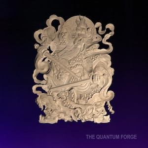 Puede incluir: Una talla de madera detallada de una figura mítica que sostiene una espada, rodeada de nubes y otros detalles intrincados. La talla es de color marrón claro y tiene una superficie texturizada. El texto "THE QUANTUM FORGE" está en la parte inferior de la talla.