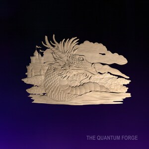 Puede incluir: Una talla de madera de un dragón con un castillo en el fondo. El dragón está enroscado con la cabeza levantada y la boca abierta. El castillo es pequeño y tiene una torre. La talla está hecha de madera marrón claro y tiene un diseño detallado.