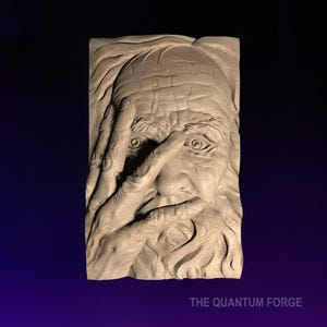 Könnte beinhalten: Eine detaillierte Holzschnitzerei eines Männergesichts, wobei seine Hand sein Auge und seinen Mund bedeckt. Die Schnitzerei ist in einer hellbraunen Farbe gehalten und hat eine strukturierte Oberfläche. Der Text "THE QUANTUM FORGE" ist am unteren Rand des Bildes sichtbar.