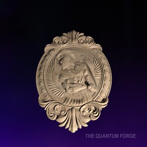 May include: A wooden carving of a winged figure with a helmet and armor, set within an ornate oval frame. The carving is in a light brown color and has a detailed design.