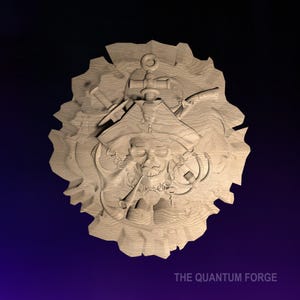May include: A wooden carving of a pirate skull with a hat, anchor, swords, and pipes. The carving is on a circular piece of wood with a rough, textured surface. The text "THE QUANTUM FORGE" is at the bottom of the image.