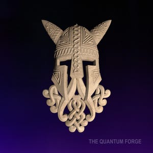 May include: A wooden carving of a Viking helmet with horns and a braided beard. The helmet is detailed with intricate patterns and the beard is styled in a Celtic knot design. The carving is painted in a light brown color.