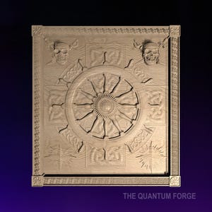 May include: A wooden plaque with a carved design of a ship's wheel surrounded by swords and two skull and crossbones. The plaque has a border of a repeating geometric pattern. The text "THE QUANTUM FORGE" is at the bottom of the plaque.