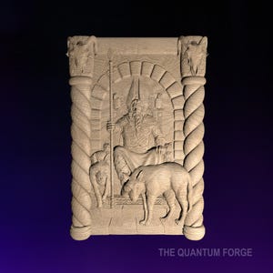 May include: A wooden carving of a Norse god sitting on a throne with two wolves at his feet. The carving is detailed and intricate, with the god's beard and hair flowing in the wind. The wolves are also well-defined, with sharp teeth and piercing eyes. The carving is framed by two pillars with intricate designs. The text "THE QUANTUM FORGE" is at the bottom of the carving.