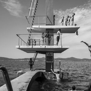Fine art print, diving board, swimming, summer freedom, children kids playing, ocean, coast, limited edition photo, contemporary wall art