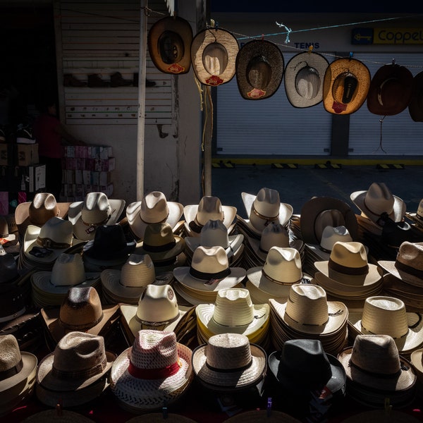 Fine art print cowboy hats, Oaxaca Mexico market, limited edition original photography, color contemporary wall art, archival, Travel