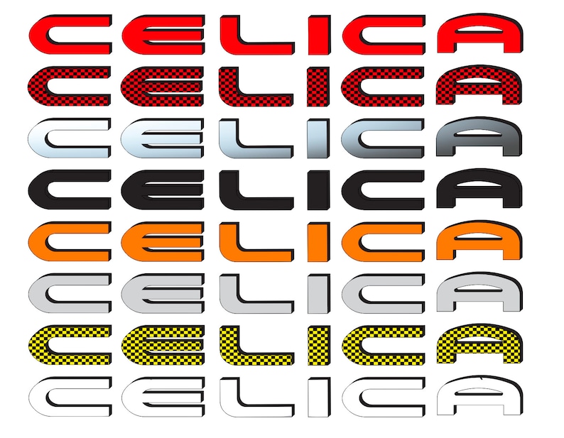 以下が含まれることがあります： 7つの異なる色の「CELICA」ロゴの集まり。ロゴは赤、黒、オレンジ、銀、白、そして赤と黒の市松模様、黄色と黒の市松模様の2つの市松模様です。