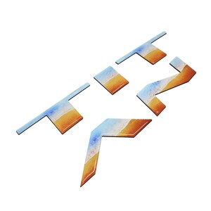May include: A set of five colourful, abstract, geometric shapes with a blue, white and orange gradient. The shapes are arranged in a staggered pattern.