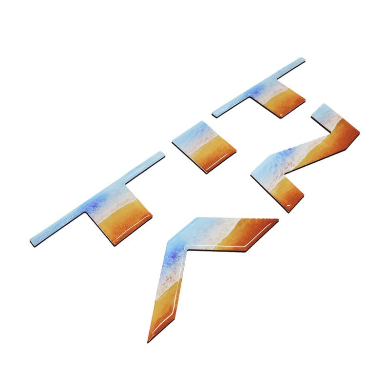 May include: A set of five colourful, abstract, geometric shapes with a blue, white and orange gradient. The shapes are arranged in a staggered pattern.