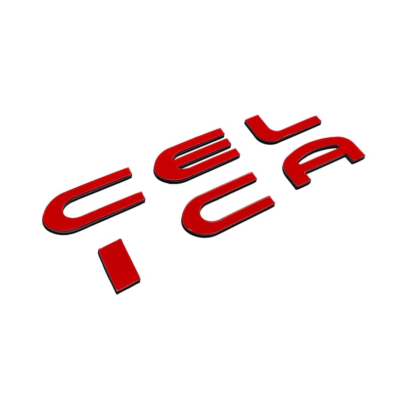 以下が含まれることがあります： 3D スタイルの「CELICA」という単語を綴る赤いプラスチック製の文字