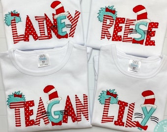 Applique Embroidered Seuss Shirt_ Dr Seuss inspired shirt_ Personalized Dr Seuss Tshirt