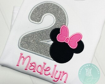 Girls Personalized Glitter Minnie Mouse Burthday Applique Ruffle Shirt